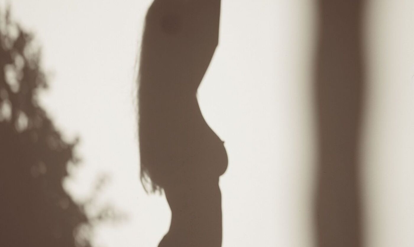 The shadow of a body cast on a sunlit wall beside a plant, unhurried time and sensation rather than a finish line